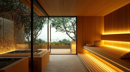 Fototapeta premium A sauna room with smooth light wood interiors
