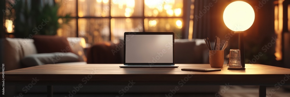 Poster A warm and inviting workspace features an empty laptop alongside a lamp and cozy decor, bathed in sunset light. Generative AI