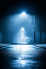 Obraz premium Misty Blue Night Street with Streetlights