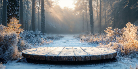 wooden platform and snowy winter forest