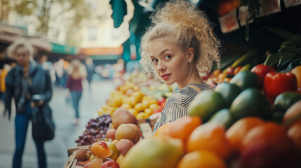 Fototapeta premium A young curly-haired blonde woman shops for fruits and vegetables at the farmer's market.