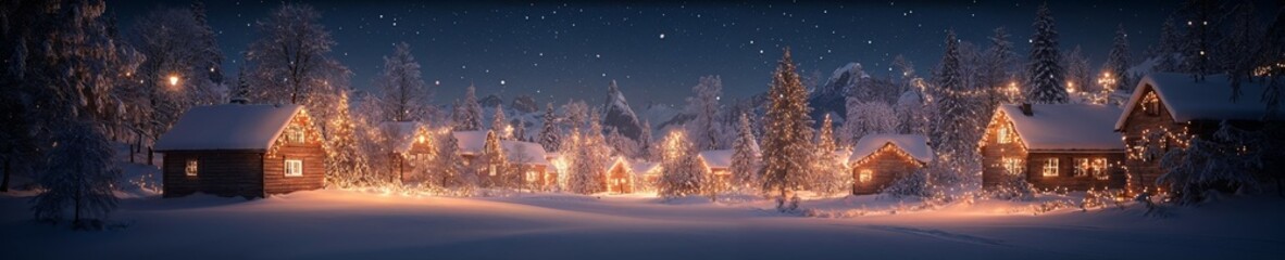 Christmas night village, snowy landscape panorama
