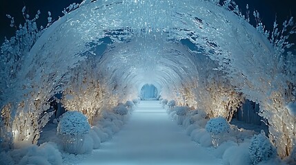 Winter wonderland wedding stage with snow-like decor and icy blue lighting A wedding stage designed to look like a winter wonderland features frosty.