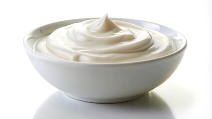 Sour cream or yogurt in white bowl isolated