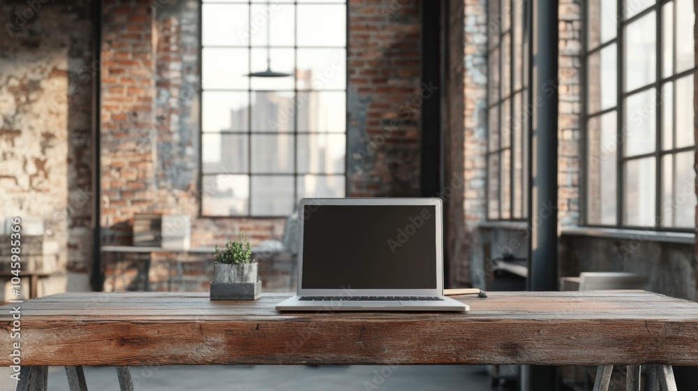 Poster a sleek laptop sits on a wooden desk in a trendy workspace, highlighted by large windows showcasing 