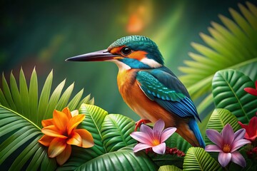 Obraz premium South American Kingfisher perched on tropical leaves and colorful floral flower