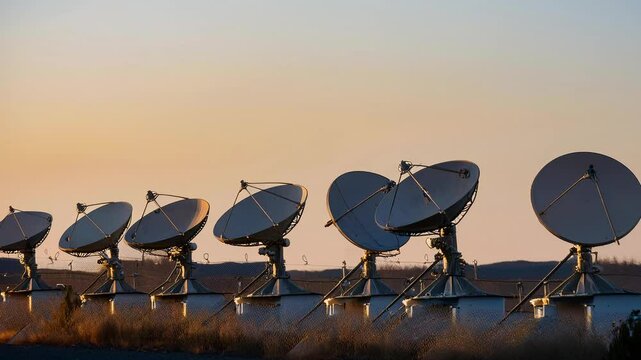 Large array of satellite dishes communicating with satellites 