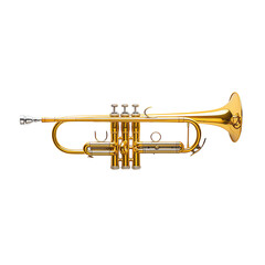 Obraz premium A shiny brass trumpet showcasing its elegant design and rich musical heritage, perfect for music enthusiasts and artists.