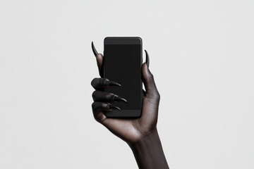 A black hand with claws gripping a sleek smartphone, set against a clean white studio background, with the simplicity of the backdrop enhancing the boldness of the hand.