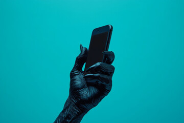 A black hand with claw-like fingers gripping a smartphone on a cool blue studio backdrop, creating a strong contrast between the dark hand and the soft background hue.