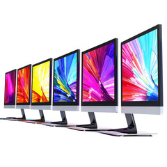 A striking display of colorful computer monitors lined up, showcasing vibrant digital art and modern technology.