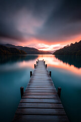 Obraz premium serene lakeside sunset with wooden pier