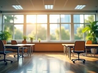 Modern open office with natural light, empty desks wooden floors, office chairs and potted plants near large windows