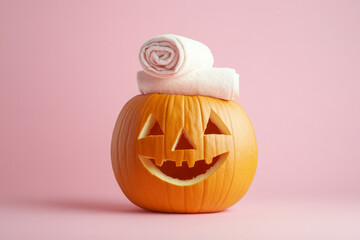 A pumpkin with a cute, carved face, wearing a rolled-up towel on its head as if at a spa, placed on a light pink background for a fun and whimsical autumn scene.