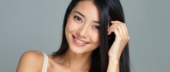 Fototapeta premium Close-up portrait of a smiling woman with long black hair against a simple gray background, conveying beauty, warmth, and confidence. Ideal for concepts of happiness, health, and natural beauty.