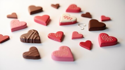 Fototapeta premium A shot of various heart-shaped items such as chocolates, cookies, and jewelry, artistically arranged to create a visually appealing composition.