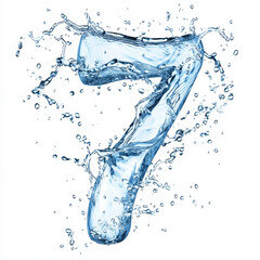 The number 7 elegantly crafted from dynamic water splashes, featuring flowing lines and suspended droplets that capture the essence of fluidity and movement in liquid typography, isolated on a white
