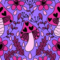 Cartoon autumn harvest seamless Halloween mushrooms pattern