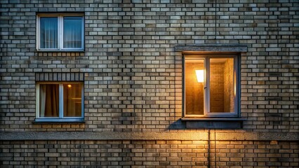 Fototapeta premium Soviet era block apartment building with illuminated window aerial view