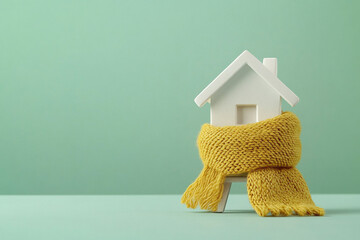 A white house figurine, cozily wrapped in a warm yellow scarf, sitting on a stand against a calming mint green background with ample space for text, creating a peaceful and inviting scene.