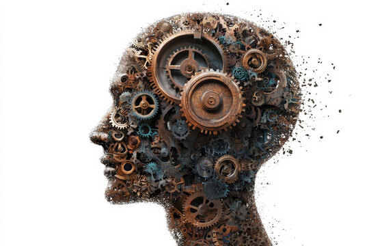 A human head partially open, revealing a complex mechanism of gears and cogs inside, symbolizing the intricate workings of the mind, set against a white background for World Mental Health Day.