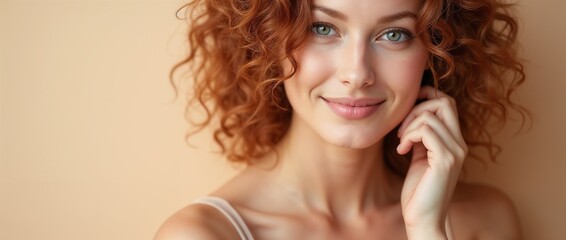 Fototapeta premium Portrait of a beautiful redheaded woman with a gentle smile, touching her face. She stands against a light neutral background, exuding confidence and warmth.