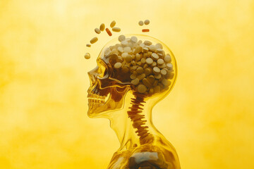 Obraz premium A human figure with a transparent skull, showing pills floating inside, symbolizing mental health awareness and the impact of medication, on a warm yellow background for World Mental Health Day.