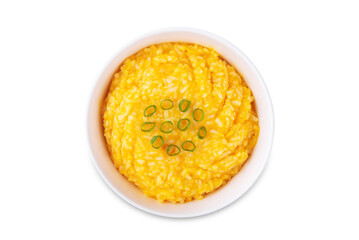 Pumpkin rice in a bowl on a white isolated background