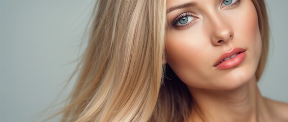 Fototapeta premium Close-up portrait of a young woman with striking eyes and flowing blonde hair, expressing beauty and elegance. The natural lighting highlights her serene and confident expression.