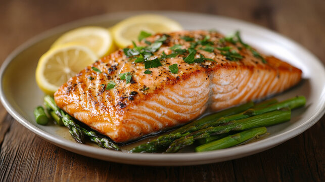 a close-up of a gourmet meal, featuring an elegantly arranged plate of seared salmon with asparagus and lemon slices, on a rustic wooden table, soft natural light creating gentle shadows, in the style