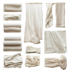 A collection of transparent towels displayed in various fold styles and arrangements, showcasing their delicate fabric and texture, isolated on a transparent background to highlight the elegant