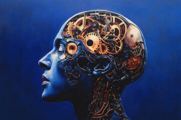 A human with an exposed head, showing mechanical gears and circuits inside, representing the connection between mental health and the inner workings of the brain, on a deep blue background for World