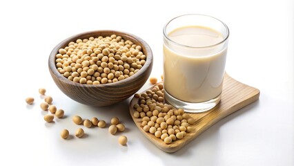 Soybeans and soy milk isolated on white background