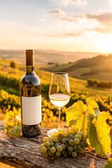 White wine bottle and glass with grapes in vineyard at sunset