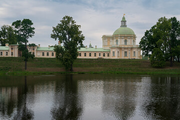 The Great (Menshikov) Palace from the side of the Lower Pond in the Oranienbaum Palace and Park Ensemble on a sunny summer day, Lomonosov, Saint Petersburg, Russia