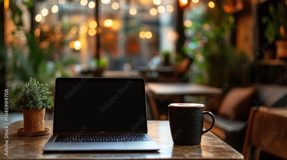 Aufkleber a laptop sits on a table next to a coffee cup, illuminated by warm lights in a café filled with gree
