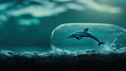   A bottled dolphin floats in a body of water with a wave emerging