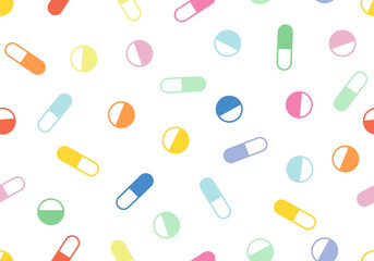 Pills and capsules. Scattered pills. Minimal medical concept. Pharmaceutical. Many colorful medicines. Drug or medicine. Seamless pattern with colorful pills, medications