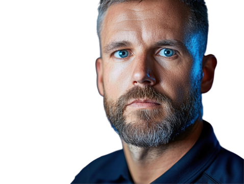 Portrait of a man with a beard and blue eyes, focused against a transparent or white background. - Powered by Adobe