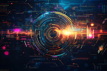 Obraz premium A futuristic circuit board design in festive New Year colors, featuring intricate digital technology elements, glowing lights, and advanced geometric patterns for a modern tech aesthetic.