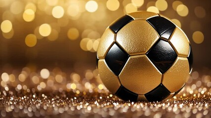 A golden soccer ball sits on a bed of sparkling gold glitter
