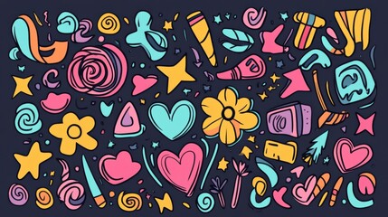 A playful and colorful doodle bursts with icons and symbols such as stars, hearts, arrows, and flowers, creating a lively atmosphere. Generative AI