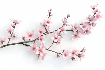 Obraz premium A branch of delicate pink cherry blossoms isolated on a white background.