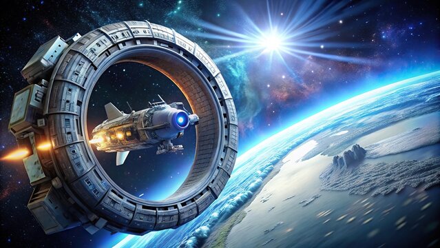 Spacecraft engaging warp thrusters to enter stargate