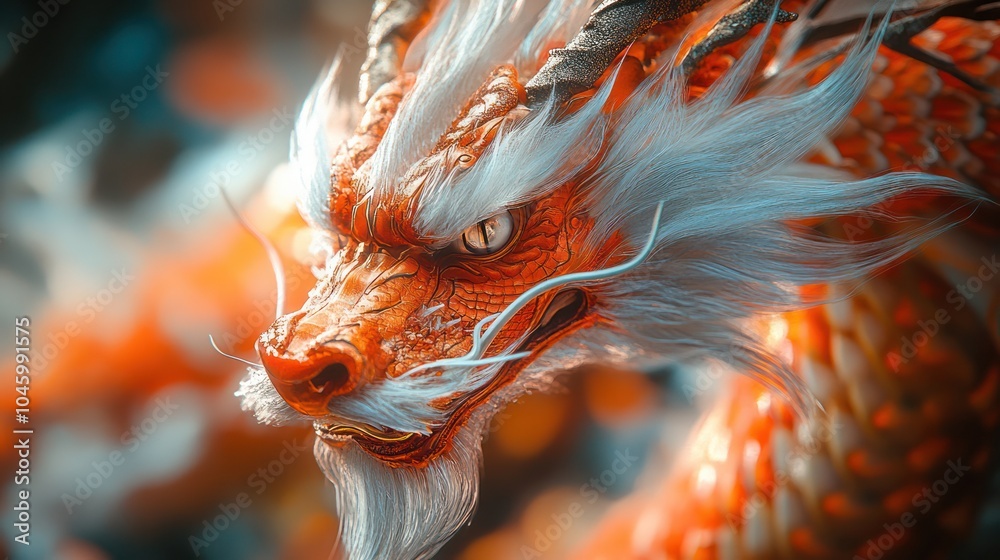 Wall mural a close-up of a majestic orange dragon with a white beard and a fierce expression.