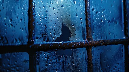 Rainy Autumn Blues: Water Drops on Wet Window Glass in Blue Toned Weather
