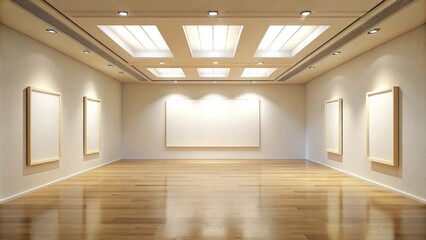 Fototapeta premium Spacious bright gallery hall with panoramic empty frame on soft beige wall