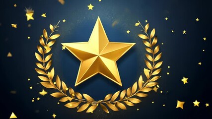 A golden star surrounded by a laurel wreath on a navy blue background with small, twinkling stars scattered around - Powered by Adobe