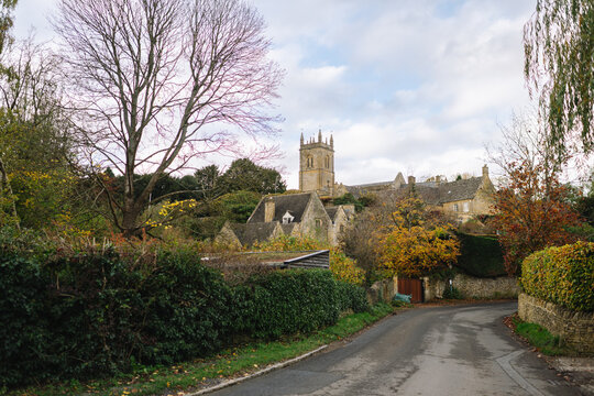 Autumnal English Village with Limestone Cottages and Autumn Trees - Quintessential Filming Location for Father Brown in Blockley, Gloucestershire in The Cotswolds