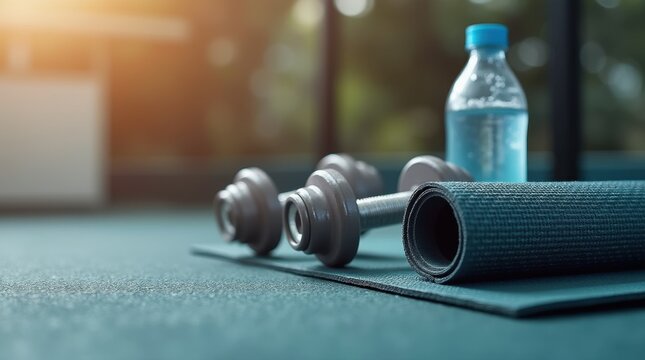 An inspiring scene of a workout setup featuring weights, a yoga mat, and a water bottle, arranged to motivate and energize a fitness session.